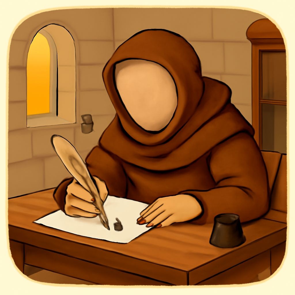 A realistic illustration of a medieval monk sitting at a wooden desk in a monastery cell, carefully writing on a parchment with a quill pen. Soft lighting, ancient atmosphere, detailed wooden furniture, inkwell on the table.