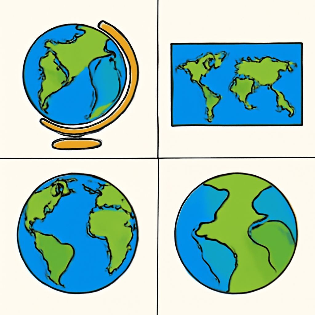 A 2x2 grid showing: A - a globe on a stand, B - a flat paper map of the world, C - a photo of Earth from space showing clouds, D - a simple child's drawing of a green and blue circle. Black and white line art.