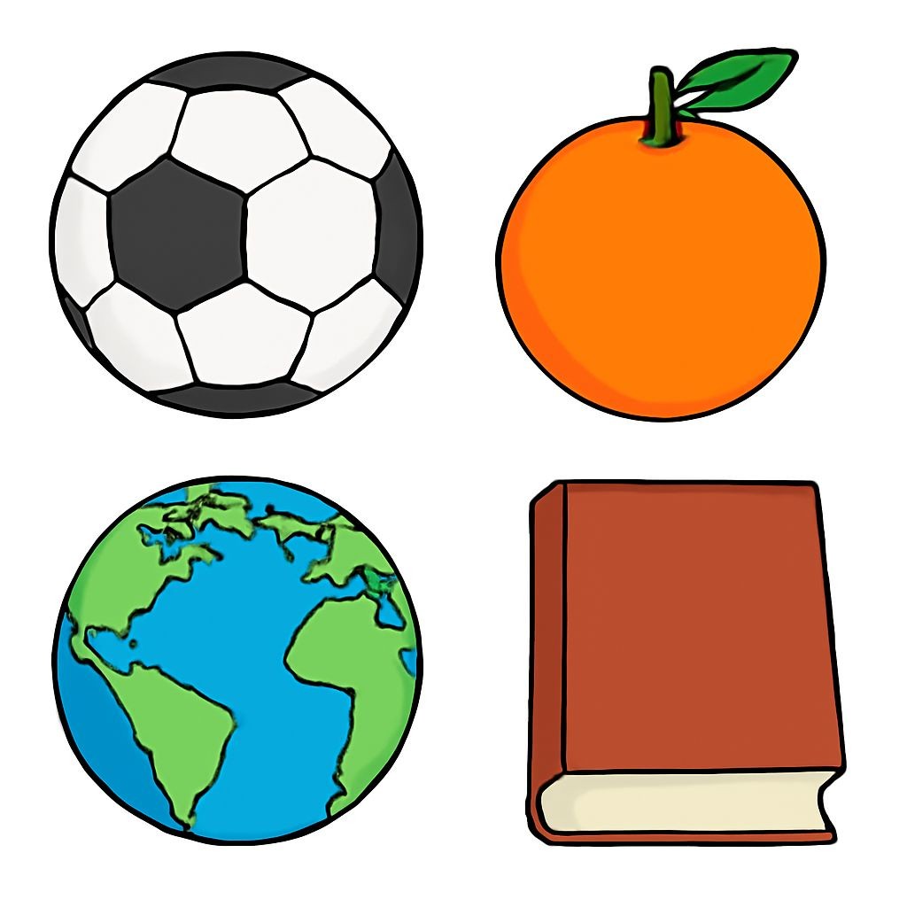 A 2x2 grid of four objects: a round soccer ball, a round orange fruit, a round globe of Earth, and a rectangular book. Simple black and white line art, flat style.