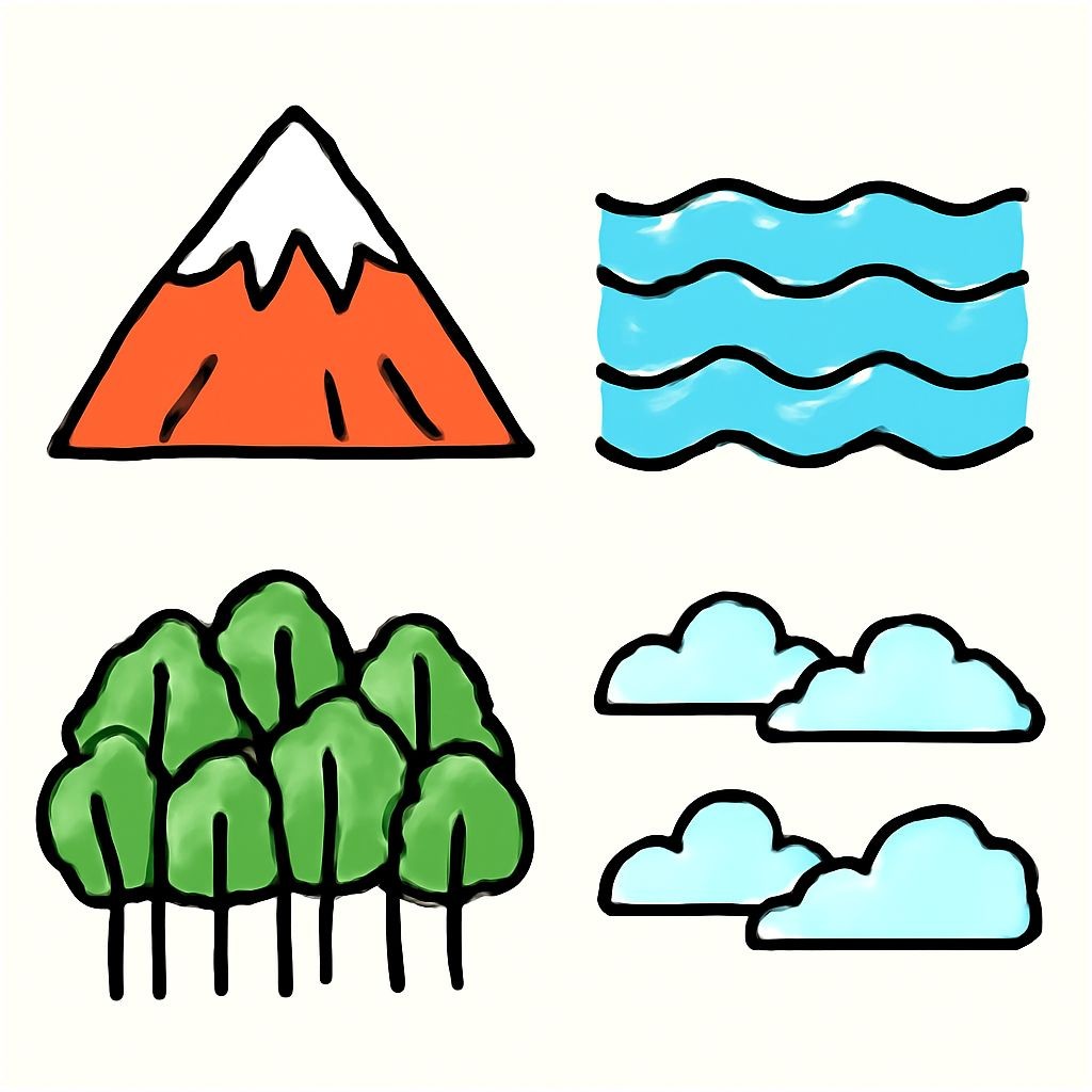 A 2x2 grid of four distinct objects: a high mountain with snow on top, a deep blue ocean with waves, a dense green forest, and white fluffy clouds in the sky. Flat vector line art style, black and white, simple contours.