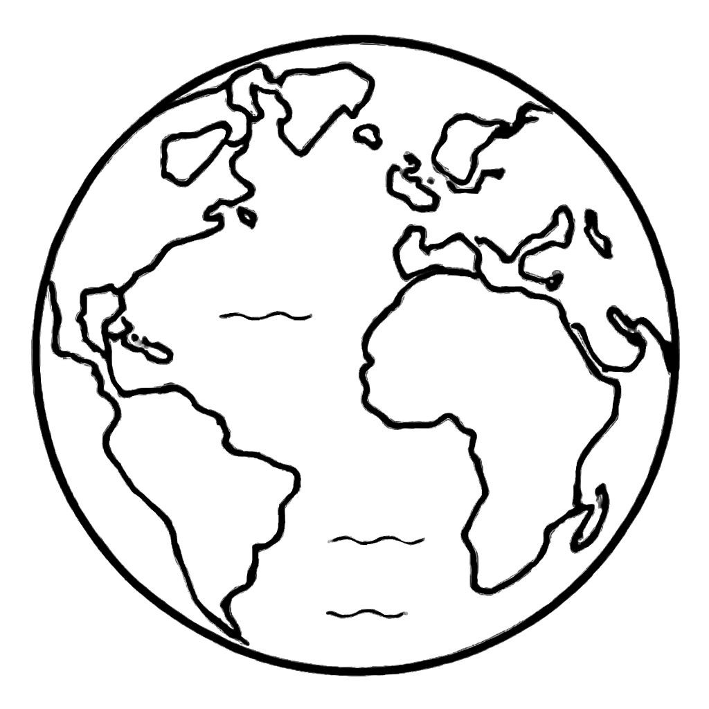 Black-and-white line-art coloring page for kids: a large circle representing planet Earth with clearly outlined continents and oceans, simple bold contours, no shading, suitable for crayons.