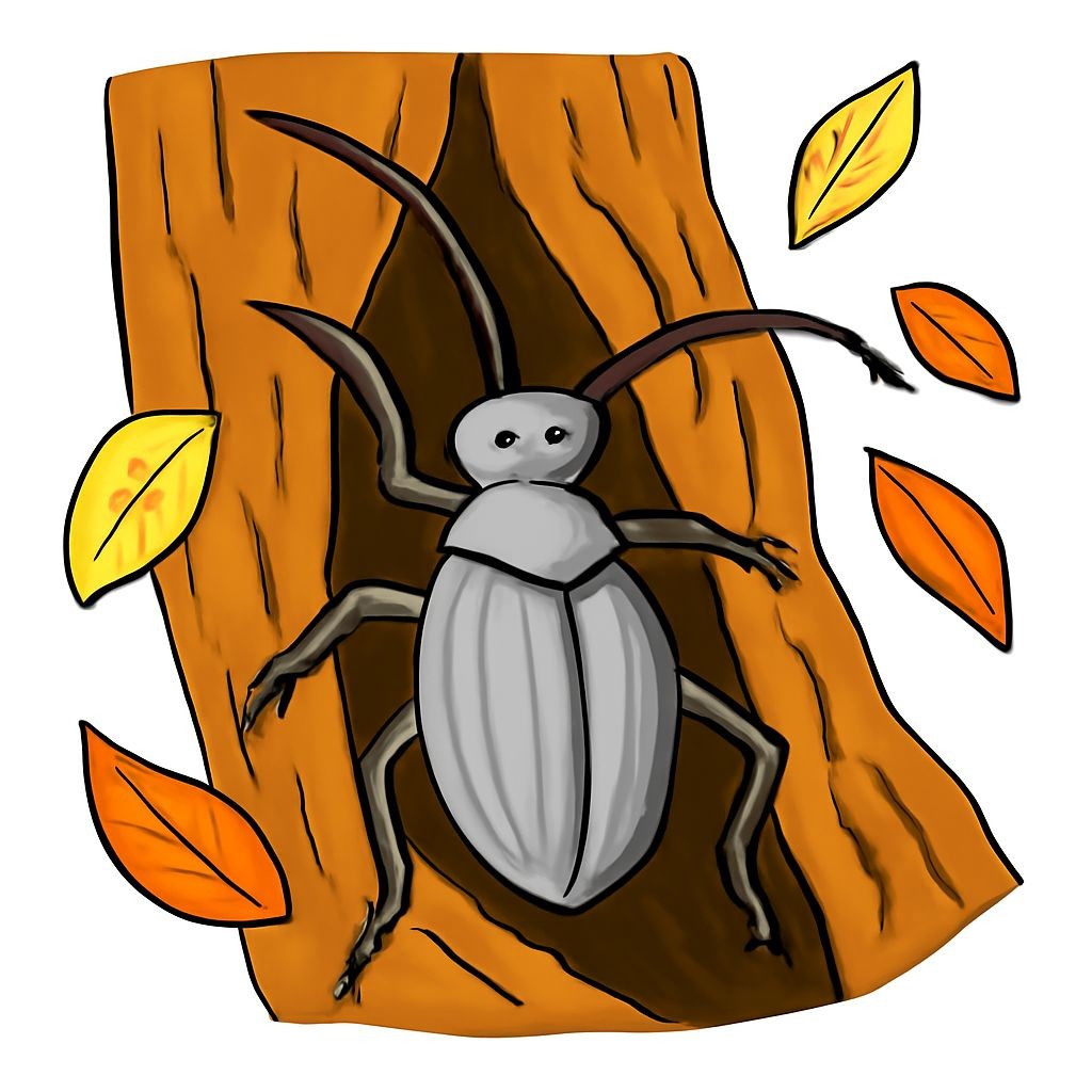 Black-and-white line-art coloring page for kids: a large beetle with long antennae tucked into a crevice of a thick tree bark. Around the beetle are small dry leaves. Simple bold contours, no shading.