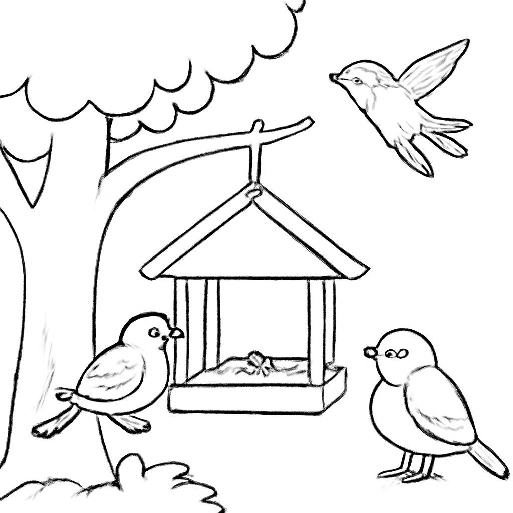 Black-and-white line-art coloring page for kids: a simple scene with a bird feeder on a tree. Several birds are nearby: a sparrow, a titmouse, and a swallow flying away in the distance. Simple bold contours, no shading.