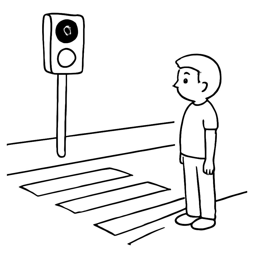 Black-and-white line-art illustration: a street corner with a traffic light showing a red standing man icon, a pedestrian crosswalk (zebra), and a boy standing on the sidewalk waiting. Simple contours, no shading.