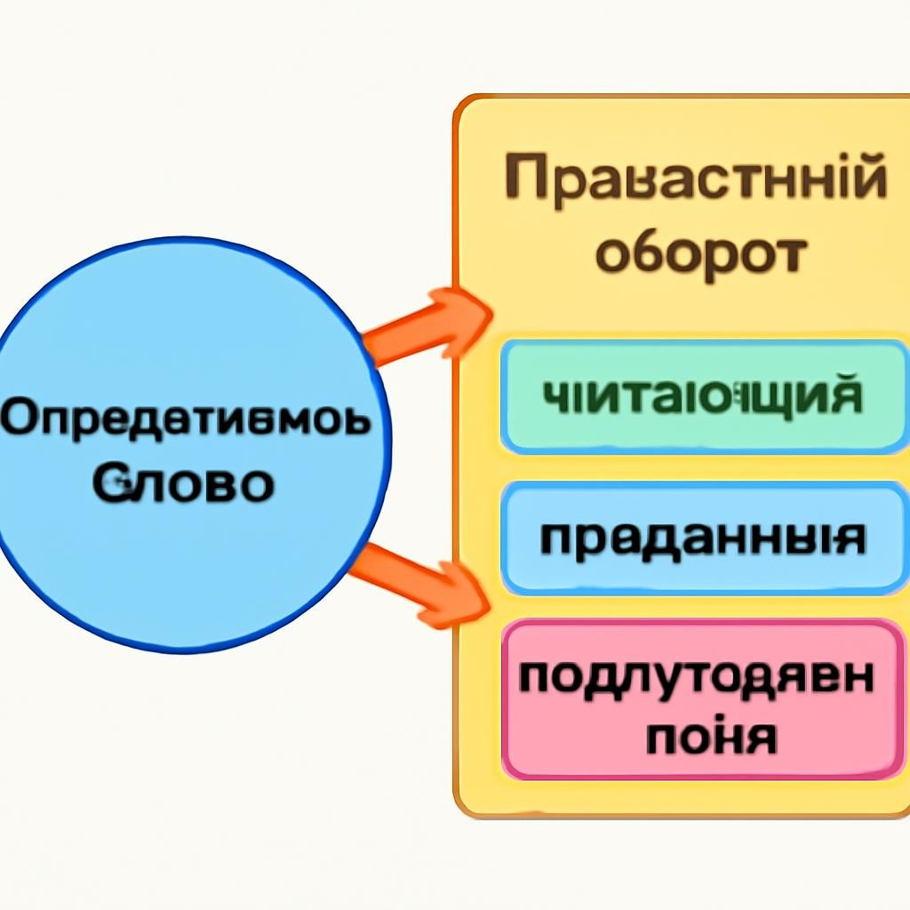 Слайд 8 «Схема: Определяемое слово и Оборот» — иллюстрация к презентации «Причастный оборот» по русскому языку для 9 класса