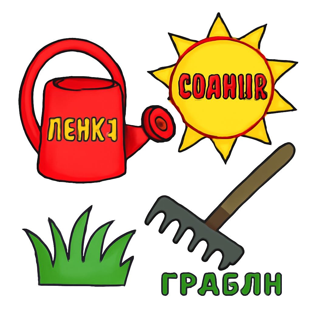 Black-and-white line-art coloring page for kids: a summer garden with a watering can, a rake, and a sun. Inside the elements of the scene, the Russian words «РЕЧКА», «ТРАВКА», «ЗАХОД», «УЛОВ», «ПОДКОРМКА», «ПЕРЕГРУЗКА» are written in a clear uppercase font. Simple bold contours, no shading.