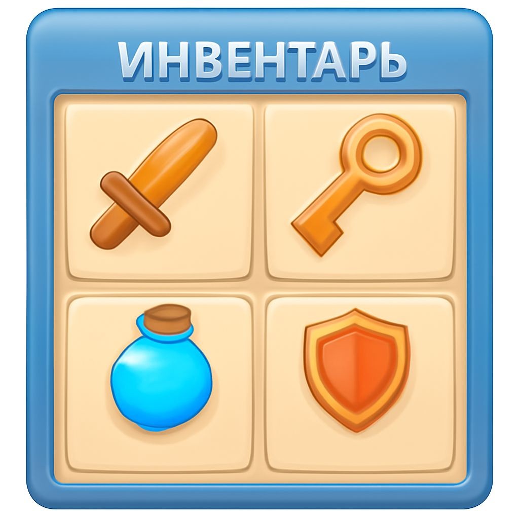 A realistic colorful illustration of a video game inventory screen. There are four items in slots: a small wooden sword labeled 'МЕЧИК', a golden key labeled 'КЛЮЧИК', a blue potion labeled 'ВОДИЧКА', and a red shield labeled 'ЩИТ'. The style is modern RPG UI, vibrant colors, clear items.