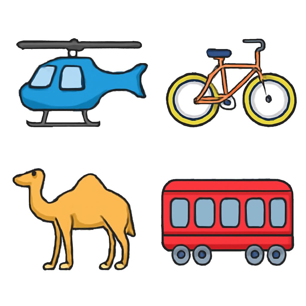 A 2x2 grid of four objects: a helicopter, a bicycle, a camel, and a train car. Black and white line-art, flat vector style, plain white background, no text.