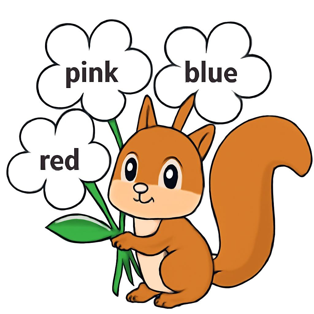 Black-and-white line-art coloring page for kids: a cute squirrel holding four large flowers. Inside each flower one word is written in clear font: «pink», «blue», «red», «green».