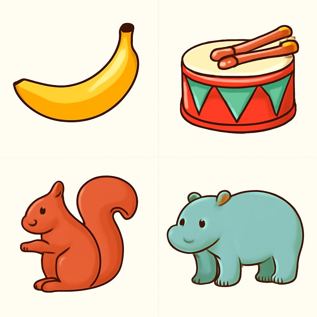 a 2x2 grid of four distinct objects, one object per equal cell, flat vector style, plain white background, no text. Top-left: a banana. Top-right: a drum. Bottom-left: a squirrel. Bottom-right: a hippopotamus.