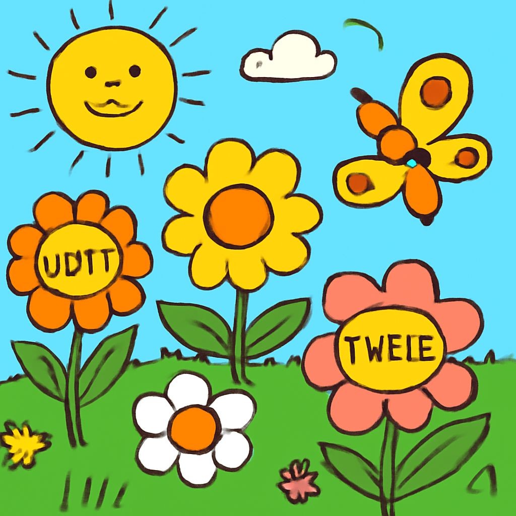 Black-and-white line-art coloring page for kids: a summer meadow scene with large flowers, a sun, and a butterfly. Inside the elements of the scene, the Russian words «ЛЕСОК», «ЗАПЛЫВ», «ЛЕТНИЙ», «ПРИГОРОД», «ПОДРУЖКА», «ПОДАРКИ» are written in a clear uppercase font. Simple bold contours, no shading.
