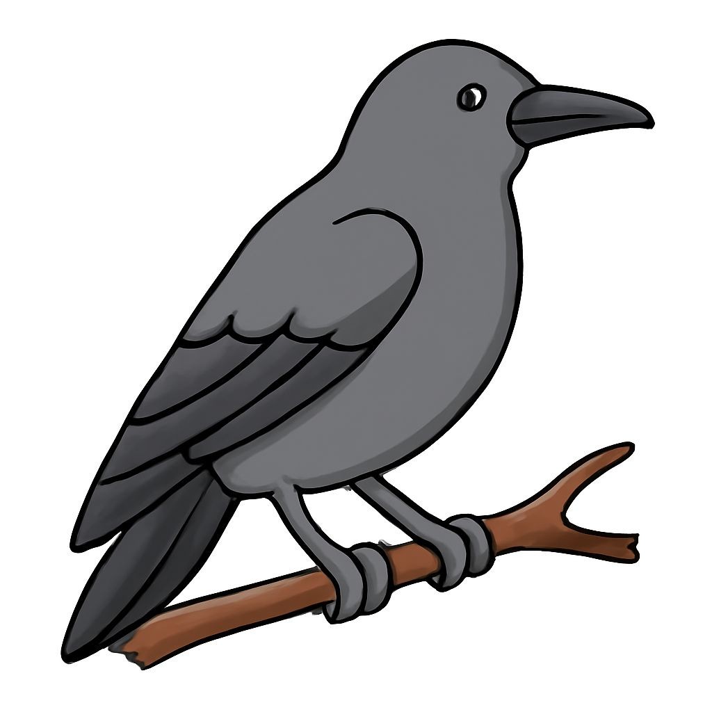 Black and white line-art of a crow (ворона) sitting on a branch. Simple bold contours, no shading, plain white background.