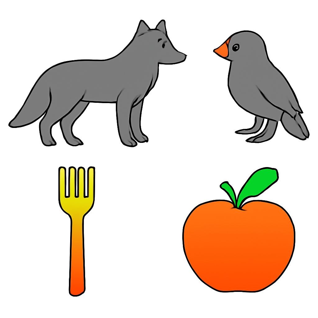 A 2x2 grid of four objects: a wolf, a crow, a fork, and an apple. Black and white line-art, flat vector style, plain white background, no text.