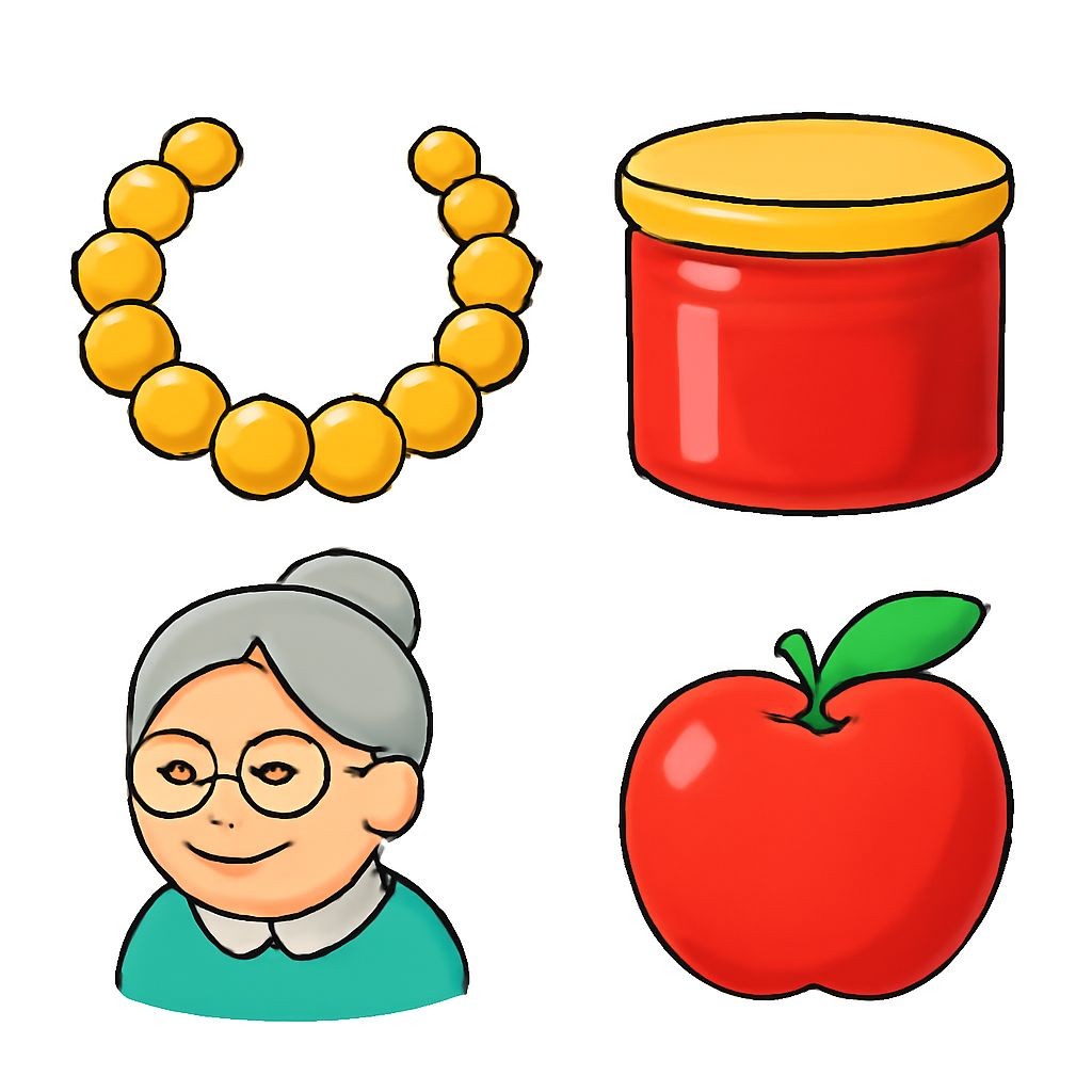 a 2x2 grid of four distinct objects, one object per equal cell, flat vector style, plain white background, no text. Top-left: a banana. Top-right: a drum. Bottom-left: a squirrel. Bottom-right: an apple.