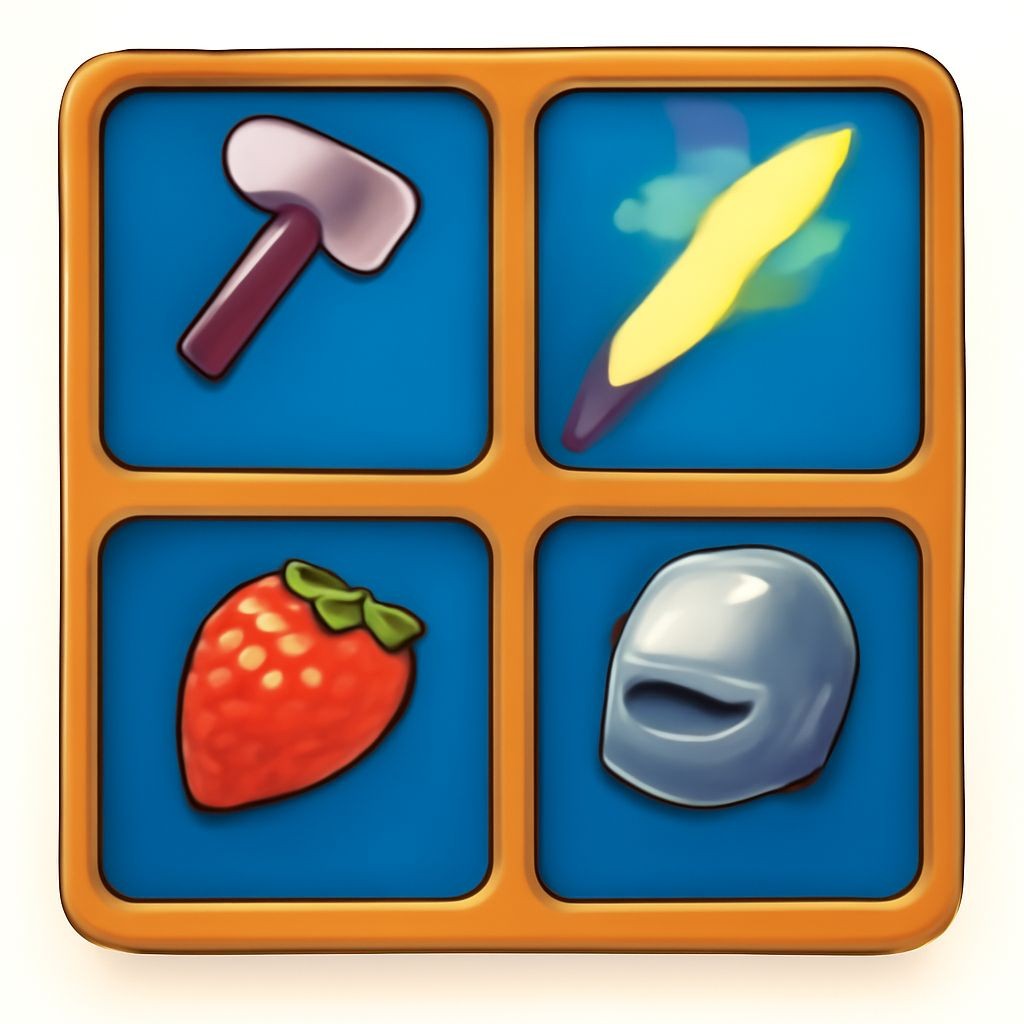 A colorful video game inventory screen with four slots: a small iron axe labeled 'ТОПОРИК', a glowing light beam labeled 'ЛУЧИК', a small red berry labeled 'ЗЕМЛЯНИЧКА', and a steel helmet labeled 'ШЛЕМ'. Modern RPG interface.