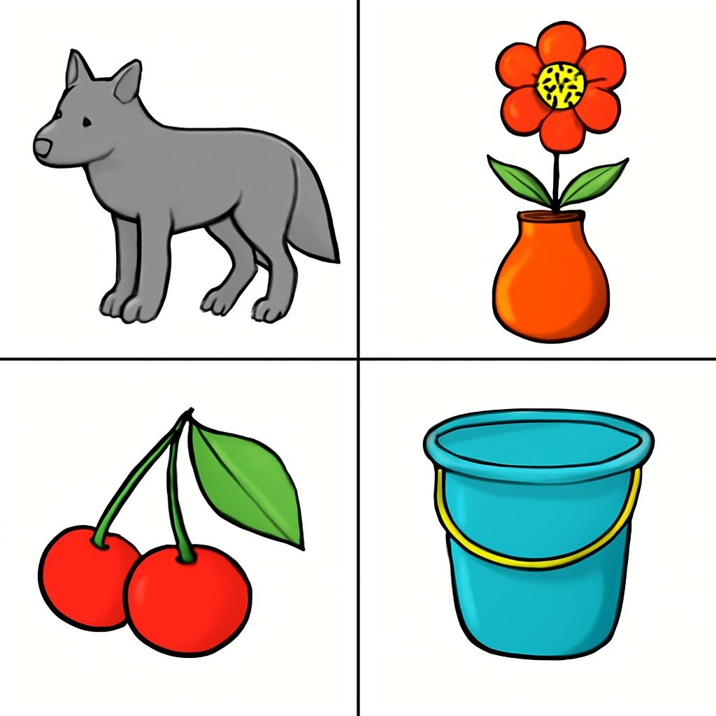 A 2x2 grid of four distinct objects: a wolf, a flower vase, a bunch of cherries, and a bucket. Black and white line-art, simple bold contours, no shading, flat vector style, plain white background, no text.