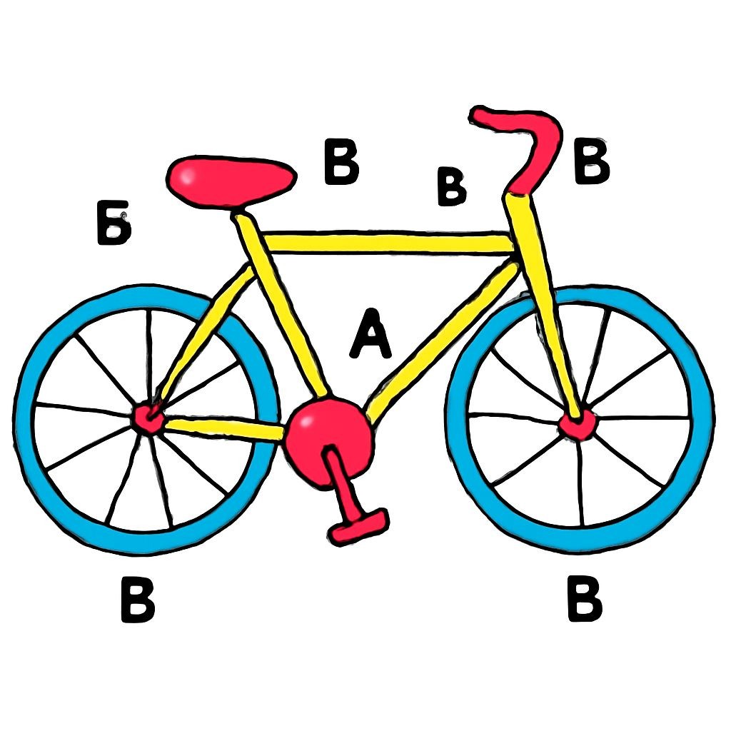 Black and white line-art of a bicycle (велосипед). Simple bold contours, no shading, plain white background.