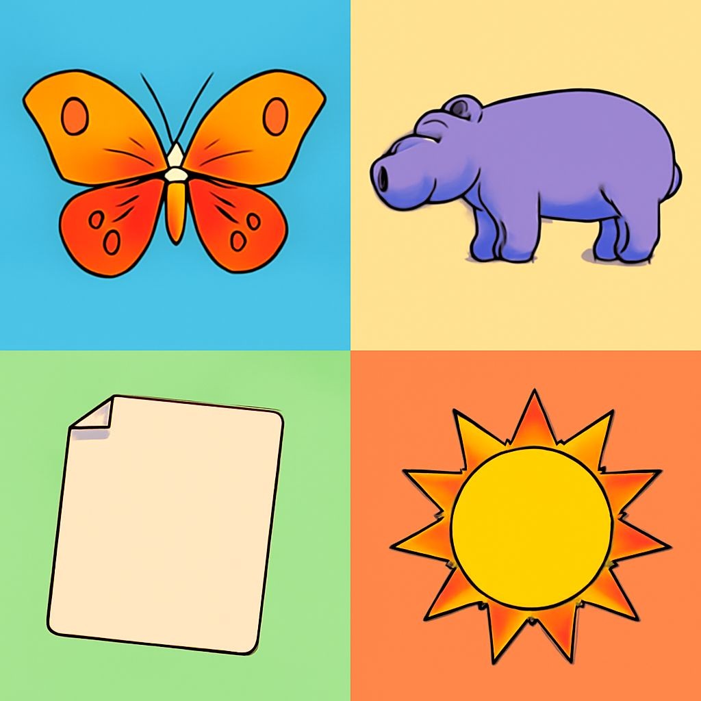 a 2x2 grid of four distinct objects, one object per equal cell, flat vector style, plain white background, no text. Top-left: a butterfly. Top-right: a hippopotamus. Bottom-left: a ram. Bottom-right: a sun.