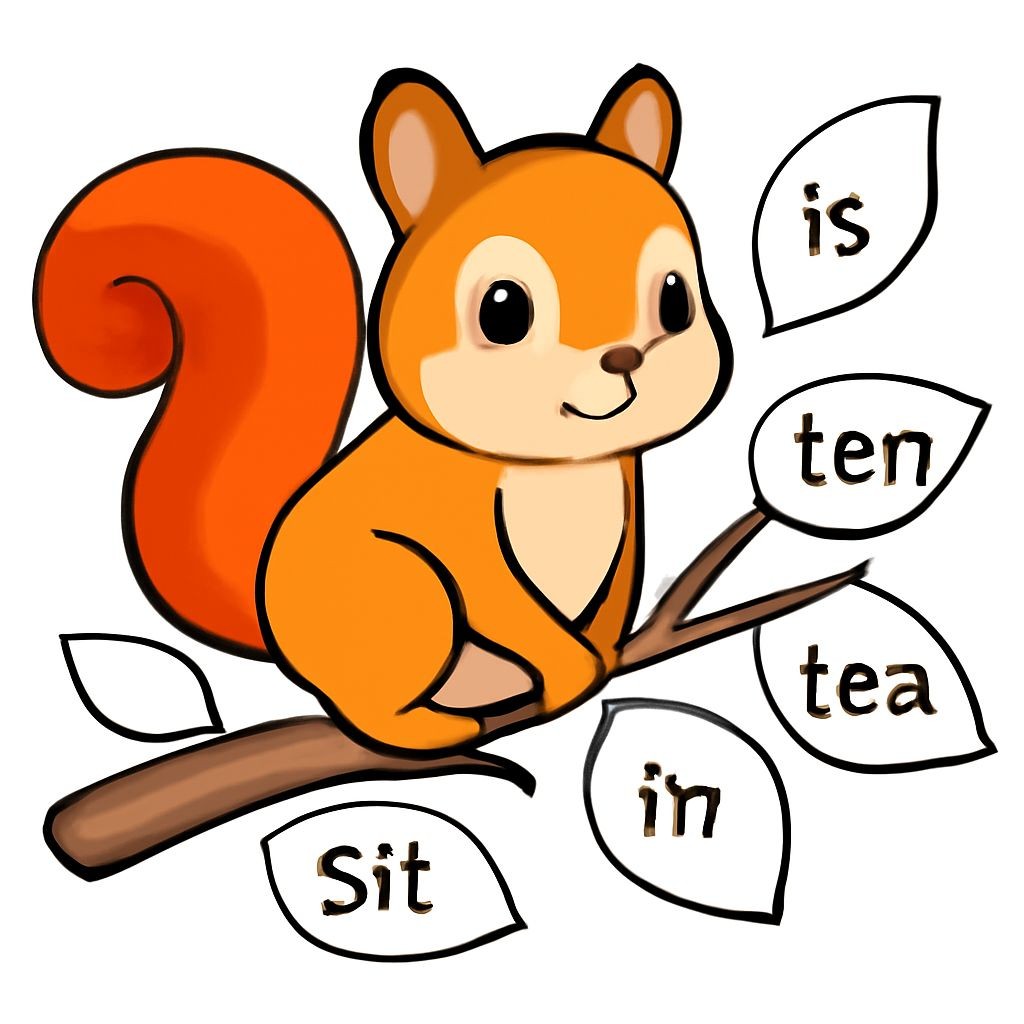 Line-art: a cute squirrel sitting on a branch with 6 leaves. Each leaf has one word: «sun», «sit», «ink», «is», «ten», «tea».