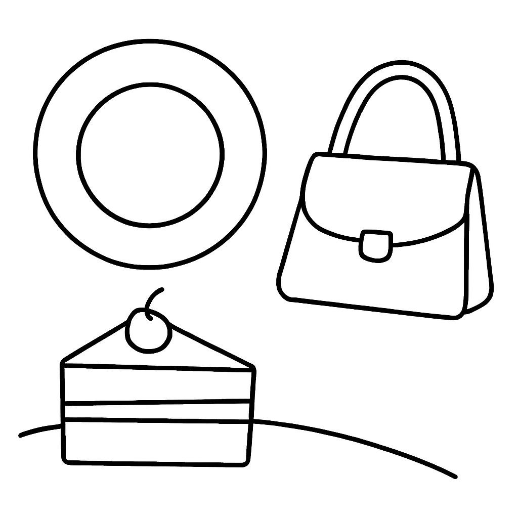 Black-and-white line-art coloring page for kids: a simple scene with a large moon in the sky, a lemon on a branch, and a kite flying. Simple bold contours, no shading, suitable for crayons.