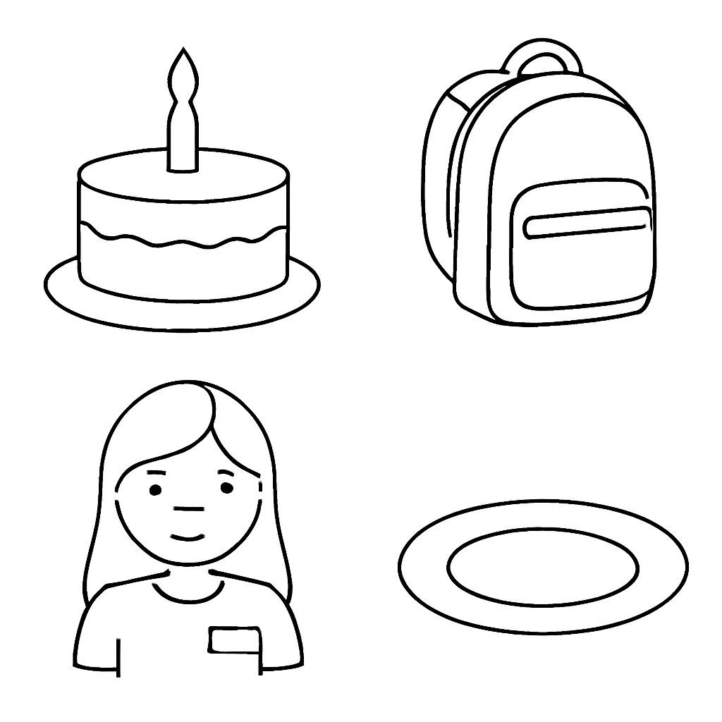A 2x2 grid of four objects: a cake with a candle, a school bag, a girl named Jane (wearing a name tag 'Jane'), and a lemon. Black and white line art, simple contours, no shading.