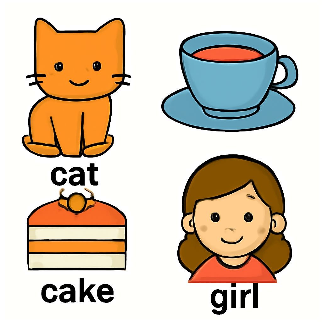 a 2x2 grid of four distinct objects: a cute cat, a small tea cup, a sweet cake, and a little girl. Flat vector style, simple bold contours, plain white background, no text.