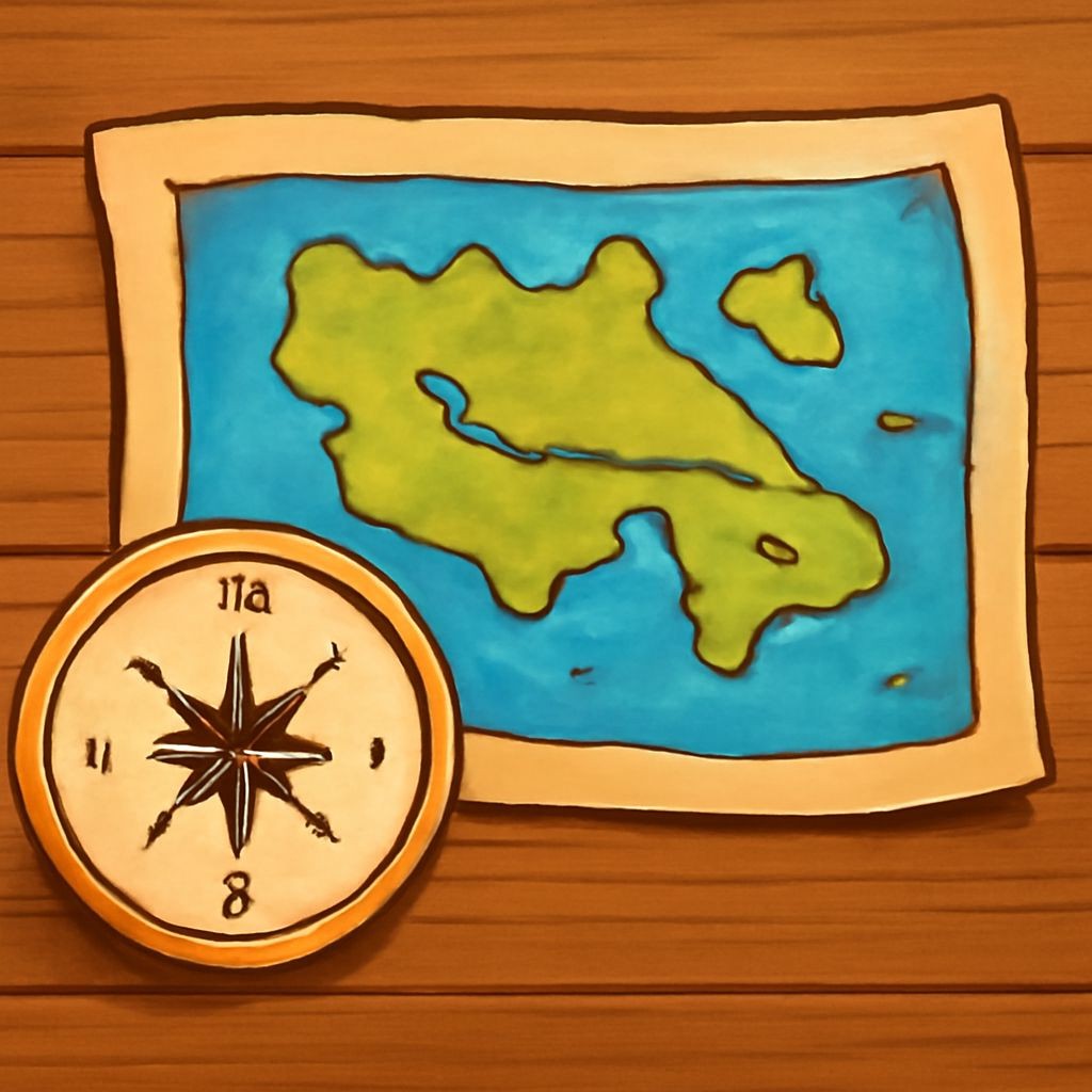 Black and white line art: a compass and an old map lying on a wooden table, simple bold contours, no shading.