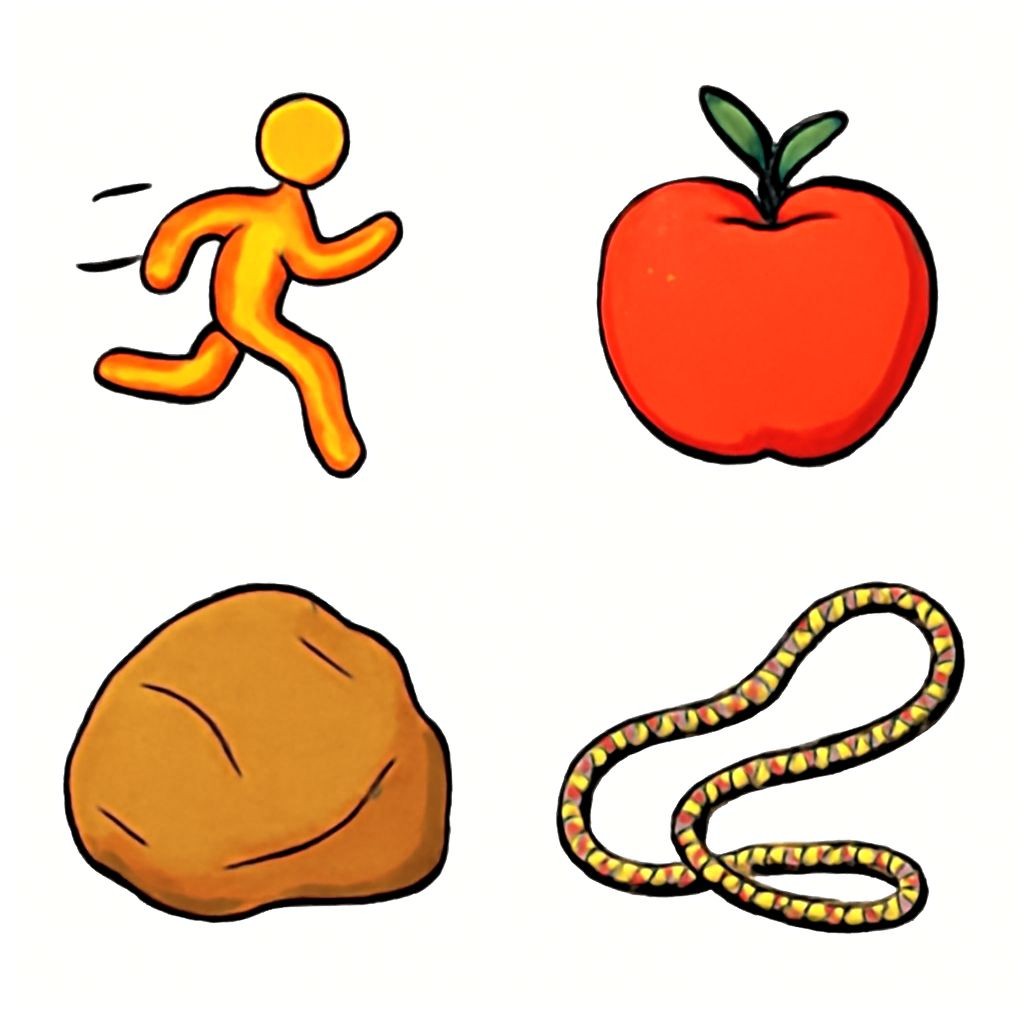 A 2x2 grid of four distinct objects: a running man (fast), a red apple (red), a big stone (heavy), a long rope (long). Flat vector style, black and white line art, plain white background, no text.
