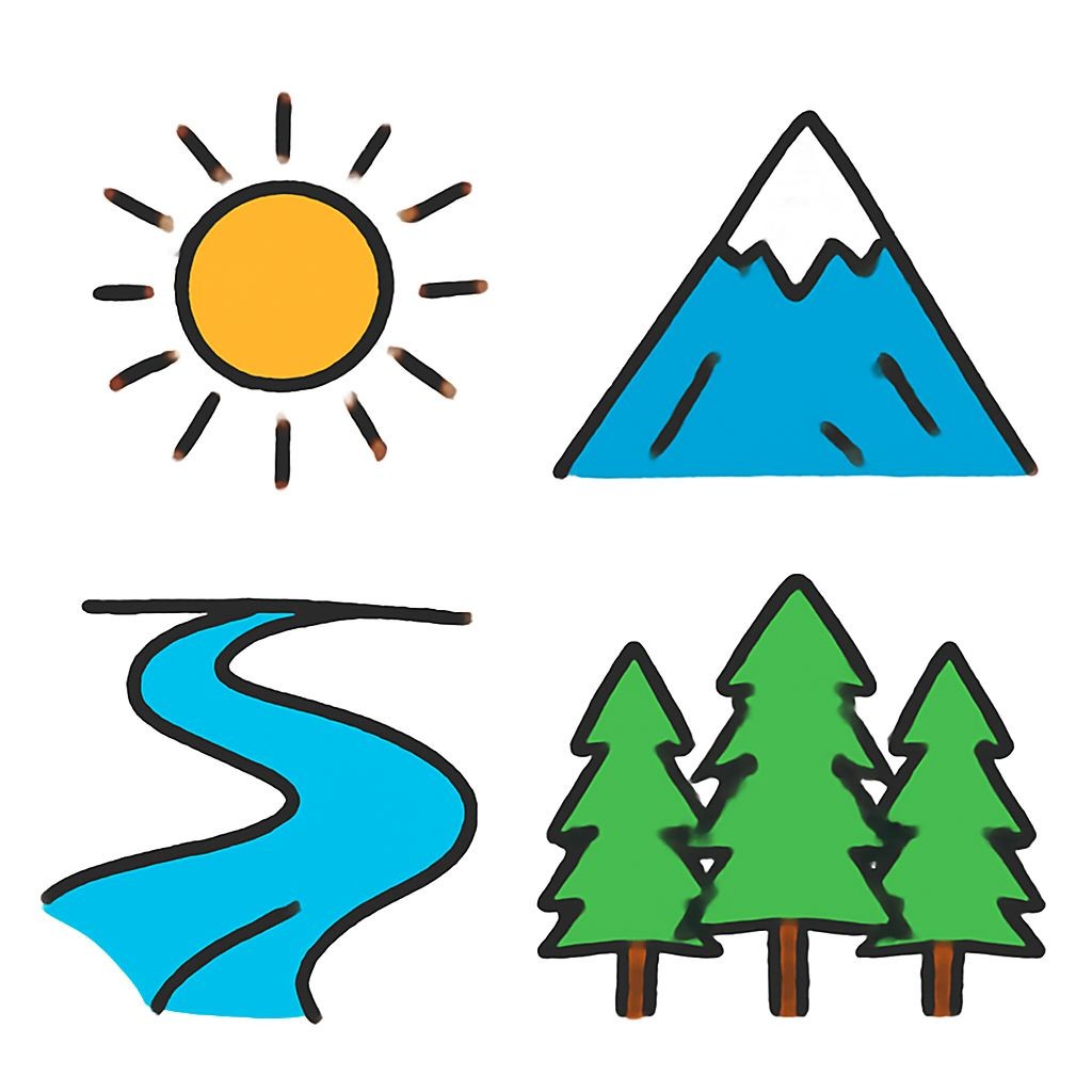 A 2x2 grid of four distinct objects: a sun shining brightly, a high mountain peak, a deep river flow, a dense forest. Flat vector style, black and white line art, plain white background, no text.