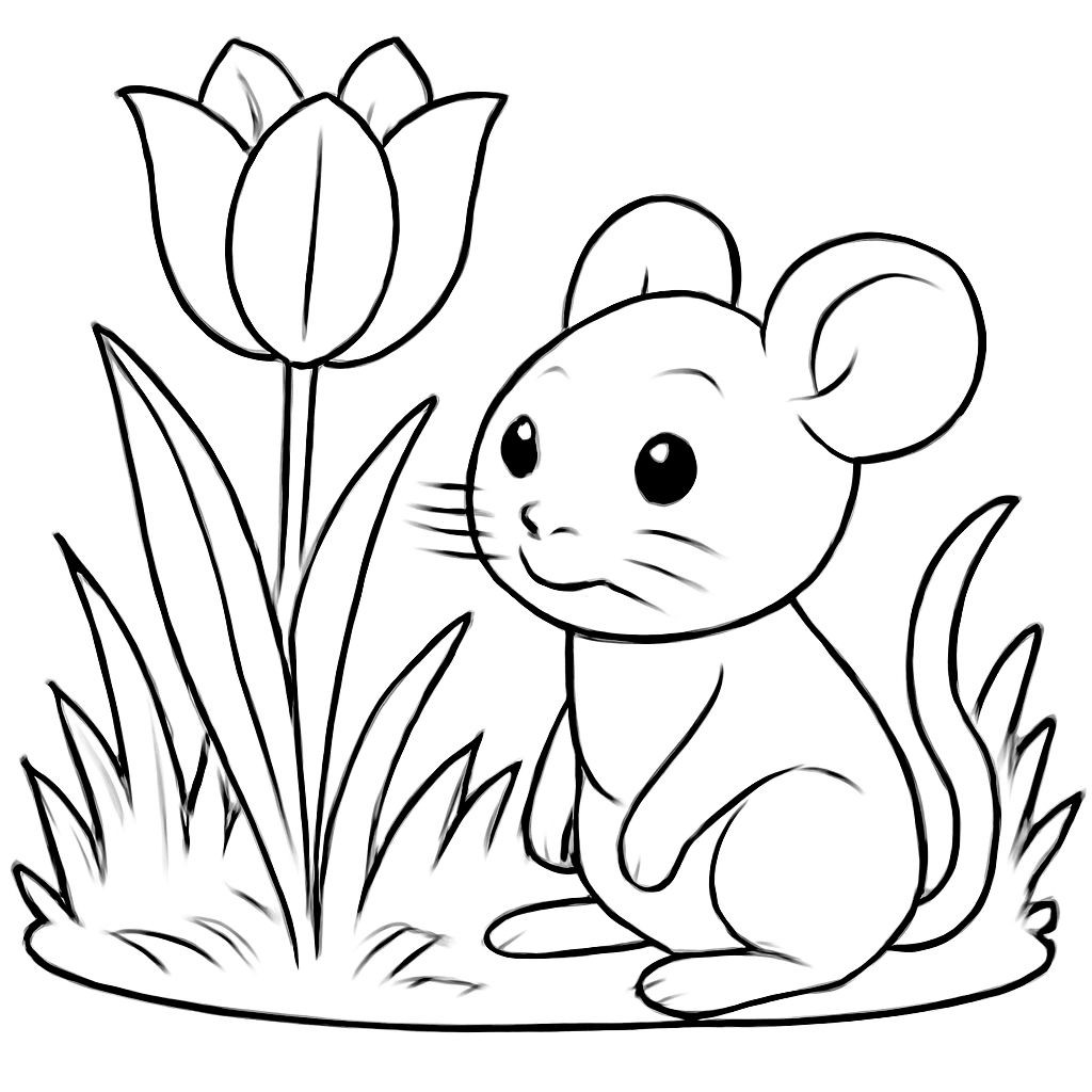 Black-and-white line-art coloring page for kids: a cute small steppe mouse named Poly sitting next to a large wild tulip in a field of tall grass, simple bold contours, no shading.