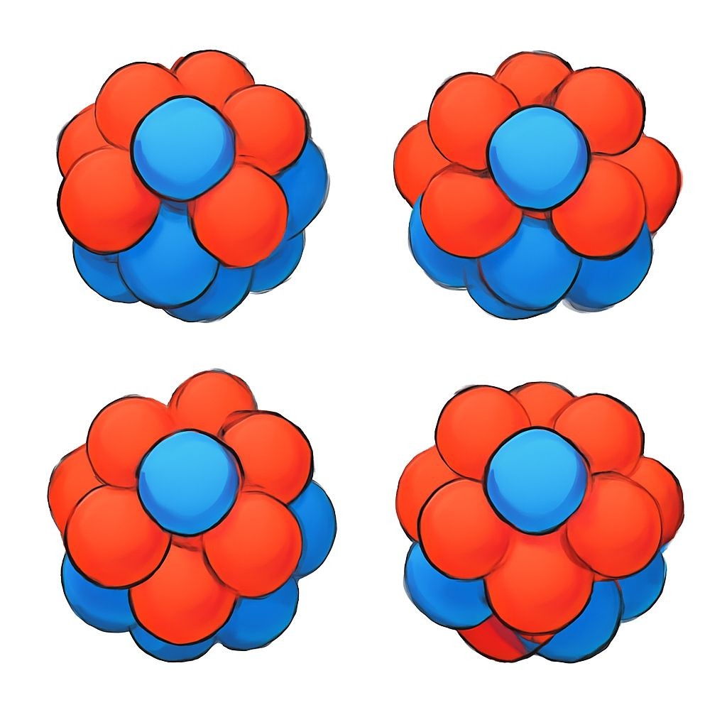 A 2x2 grid of four atomic nuclei models, flat vector style, plain white background, no text. A (top-left): 6 protons (red), 6 neutrons (blue). B (top-right): 6 protons, 7 neutrons. C (bottom-left): 6 protons, 8 neutrons. D (bottom-right): 7 protons, 7 neutrons. Protons are red, neutrons are blue.