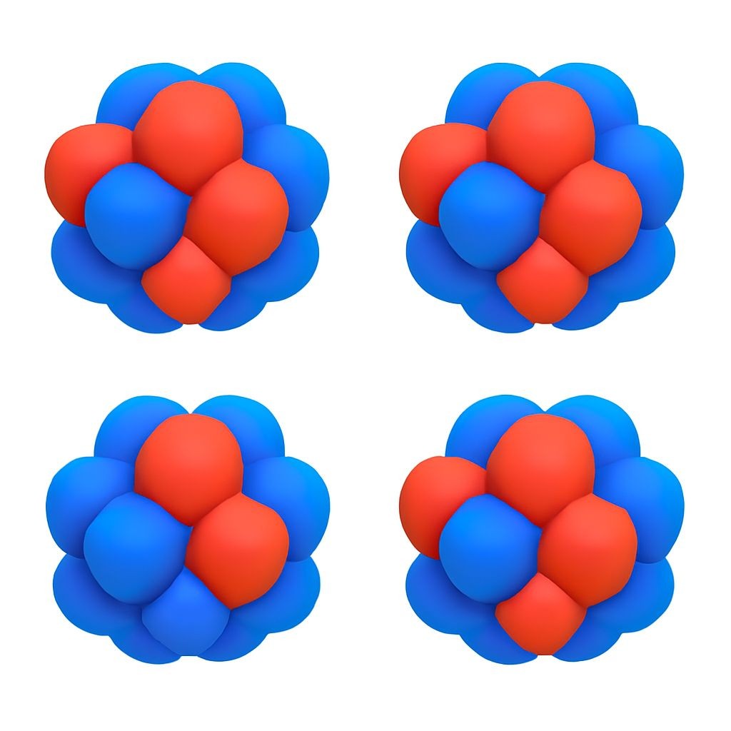 A 2x2 grid of four distinct atomic nuclei models, one per equal cell, flat vector style, plain white background, no text. Top-left (А): 8 protons (red), 8 neutrons (blue). Top-right (Б): 8 protons, 9 neutrons. Bottom-left (В): 8 protons, 10 neutrons. Bottom-right (Г): 7 protons, 9 neutrons. Protons are slightly larger with a plus sign.