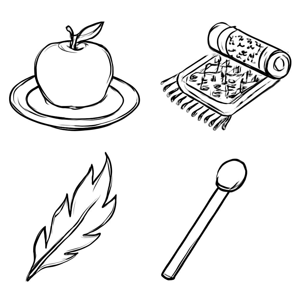A 2x2 grid of four distinct objects, one object per equal cell, flat vector style, plain white background, no text. Top-left: a silver saucer with a red apple on it. Top-right: a rolled-up magic carpet with oriental patterns. Bottom-left: a glowing golden feather of a Firebird. Bottom-right: a rustic iron axe with a wooden handle.