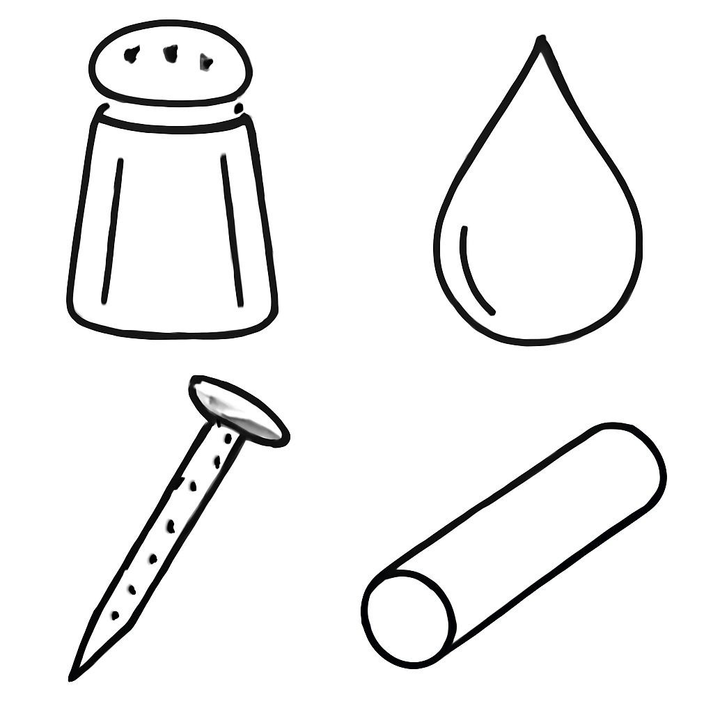 Black-and-white line-art illustration, 2x2 grid of 4 objects: a salt shaker, a water drop, a rusty iron nail, a piece of white chalk. Simple bold contours, flat vector style, plain white background, no text.