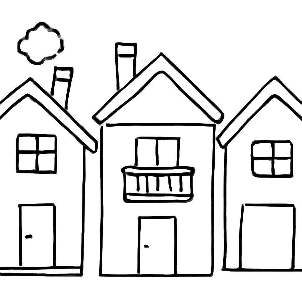 Black-and-white line-art coloring page for kids: three simple houses in a row. Each house has different elements like a chimney, a balcony, or a porch. Simple bold contours, no shading, textPolicy is allow: the Russian words «ДОМ», «ДВЕРЬ», «ОКНО», «ТРУБА», «КРЫША», «ДЫМ» are written on different parts of the houses.