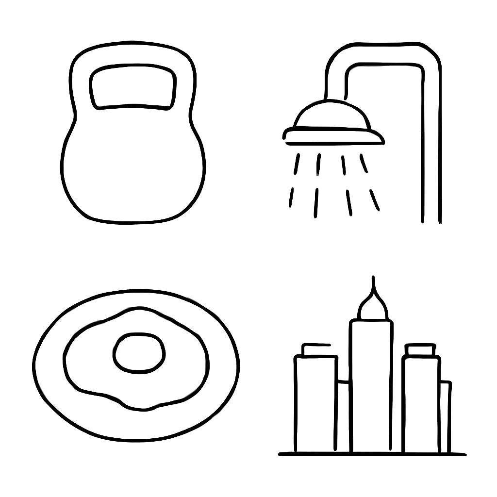 a 2x2 grid of four distinct objects: a weight (Гиря), a shower (Душ), food on a plate (Еда), and a city skyline (Город). simple black and white line art, white background, no text.