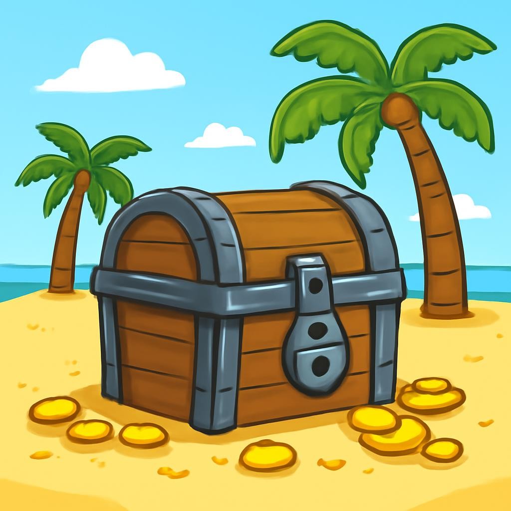 A wooden pirate chest with gold coins around it on a sandy beach.