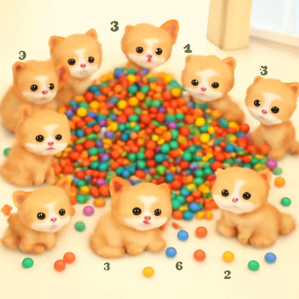 A realistic and cute illustration of 15 identical fluffy kittens playing with a large pile of 4500 small colorful toy balls in a bright room. The kittens are scattered around the pile.