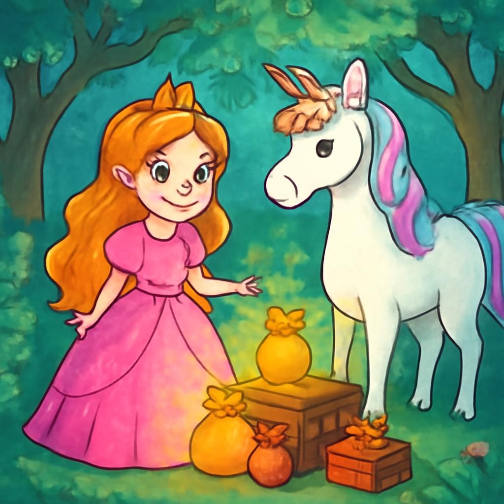 A magical princess Lily and a white unicorn standing near a stack of small glowing pouches and wooden boxes. Enchanted forest background, sparkles, fairytale style.
