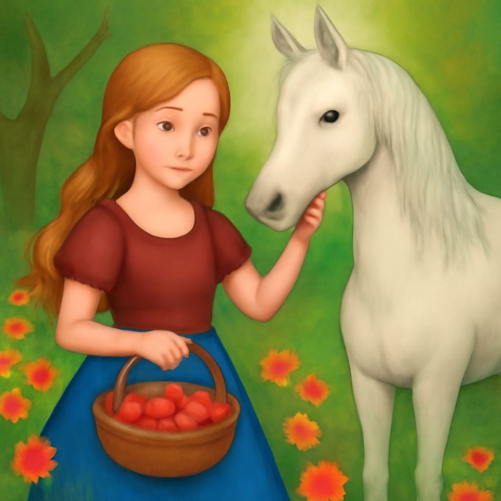 A beautiful princess with golden hair standing next to a white unicorn in a magical forest. The princess is holding a basket of red apples. Colorful flowers and sparkles around. Realistic cartoon style, vibrant colors.