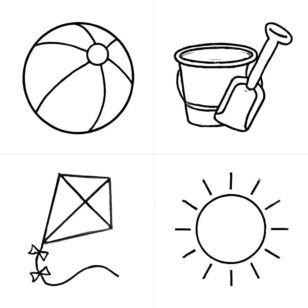 2x2 grid of four distinct objects, no text: Летние забавы