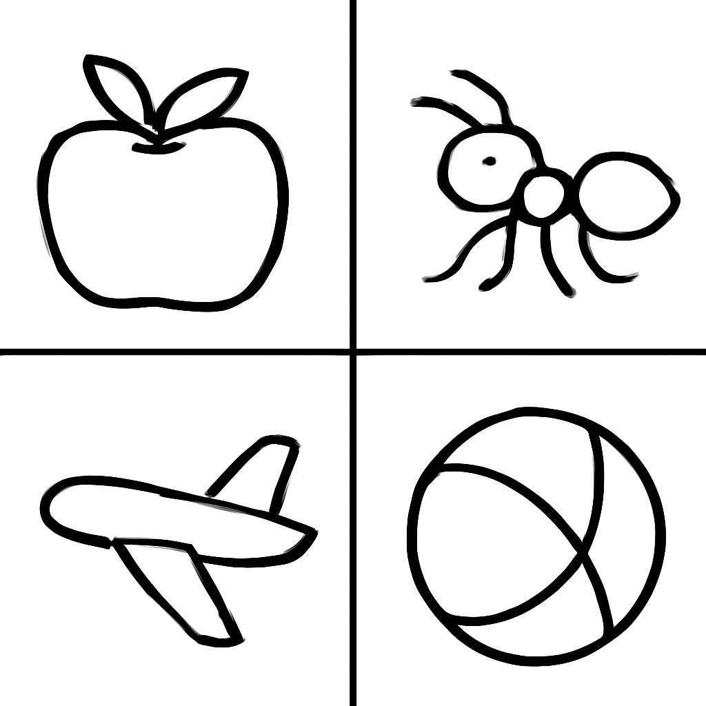 A 2x2 grid of four distinct objects: an apple, an ant, an axe, and a ball. Each object is in its own cell. Minimalist flat vector black-and-white line art, bold contours, no shading, white background.