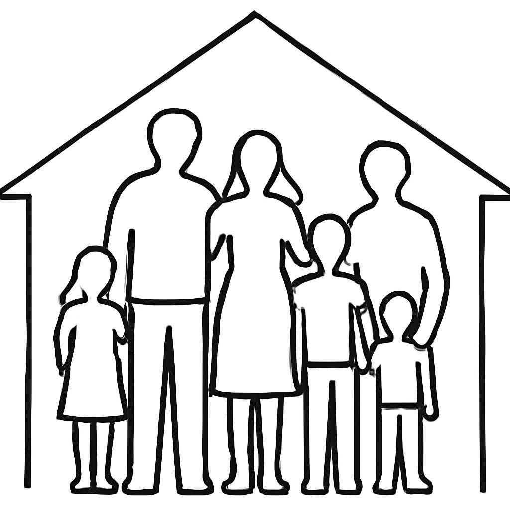 A cozy house with silhouettes of family members inside