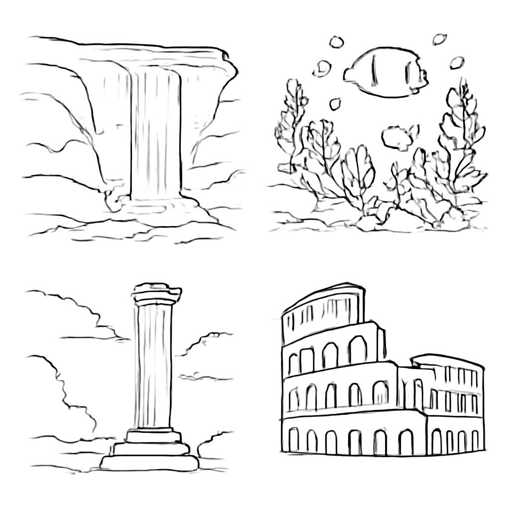 A 2x2 grid of four distinct objects, one object per equal cell, flat vector style, plain white background, no text. Top-left quadrant: a deep rocky canyon landscape. Top-right quadrant: an underwater coral reef with tropical fish. Bottom-left quadrant: a massive tropical waterfall with mist. Bottom-right quadrant: an ancient stone amphitheater building like the Colosseum.