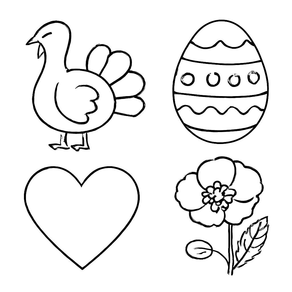 Black and white line art 2x2 grid: upper-left a carved pumpkin (Jack-o'-lantern); upper-right a decorated Easter egg; lower-left a paper heart (Valentine); lower-right a red poppy flower. Simple bold contours.