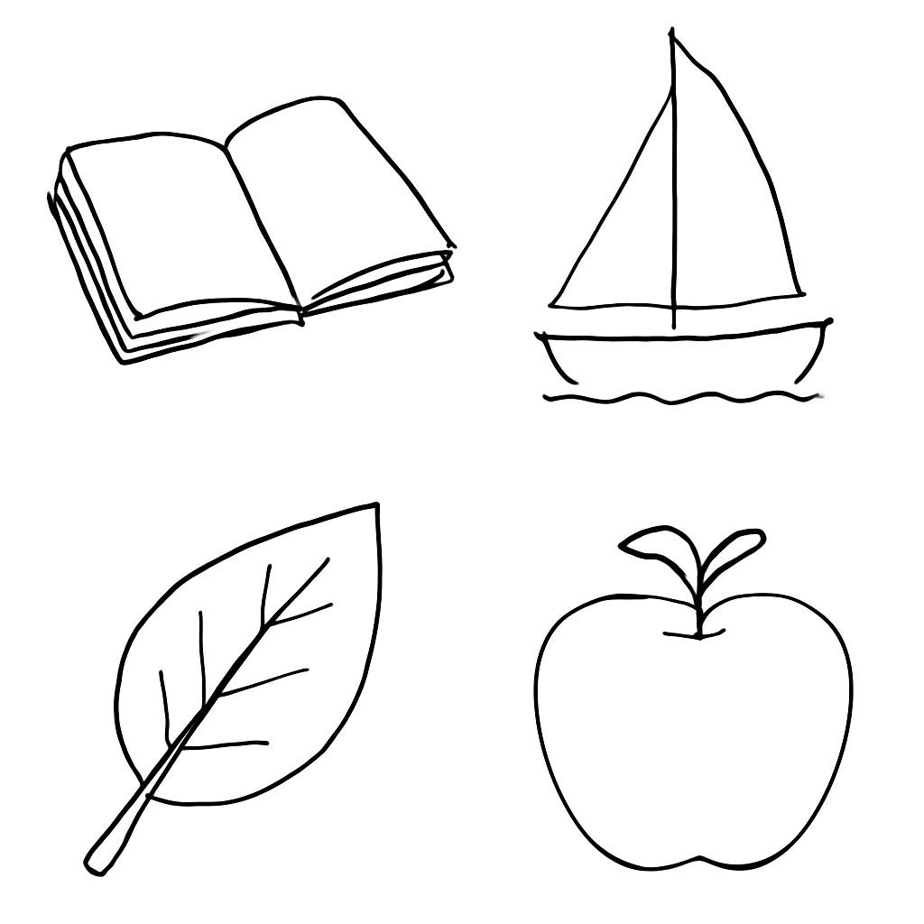 2x2 grid of four distinct objects, no text: Счёт букв и звуков.