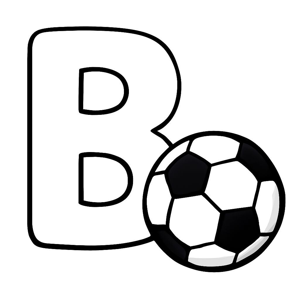 Black-and-white line-art coloring page for kids: a large capital letter B next to a simple round soccer ball. Bold contours, no shading, friendly style.