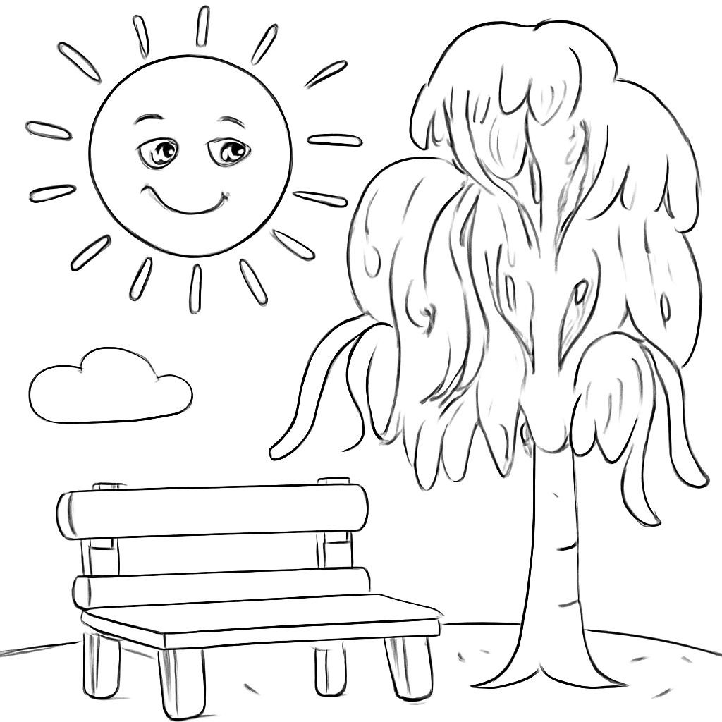 Black-and-white line-art coloring page for kids: a friendly sun with a face smiling in the sky, a birch tree with long branches tied with ribbons like hair, and a wooden bench under the tree. Simple bold contours, no shading, suitable for crayons.