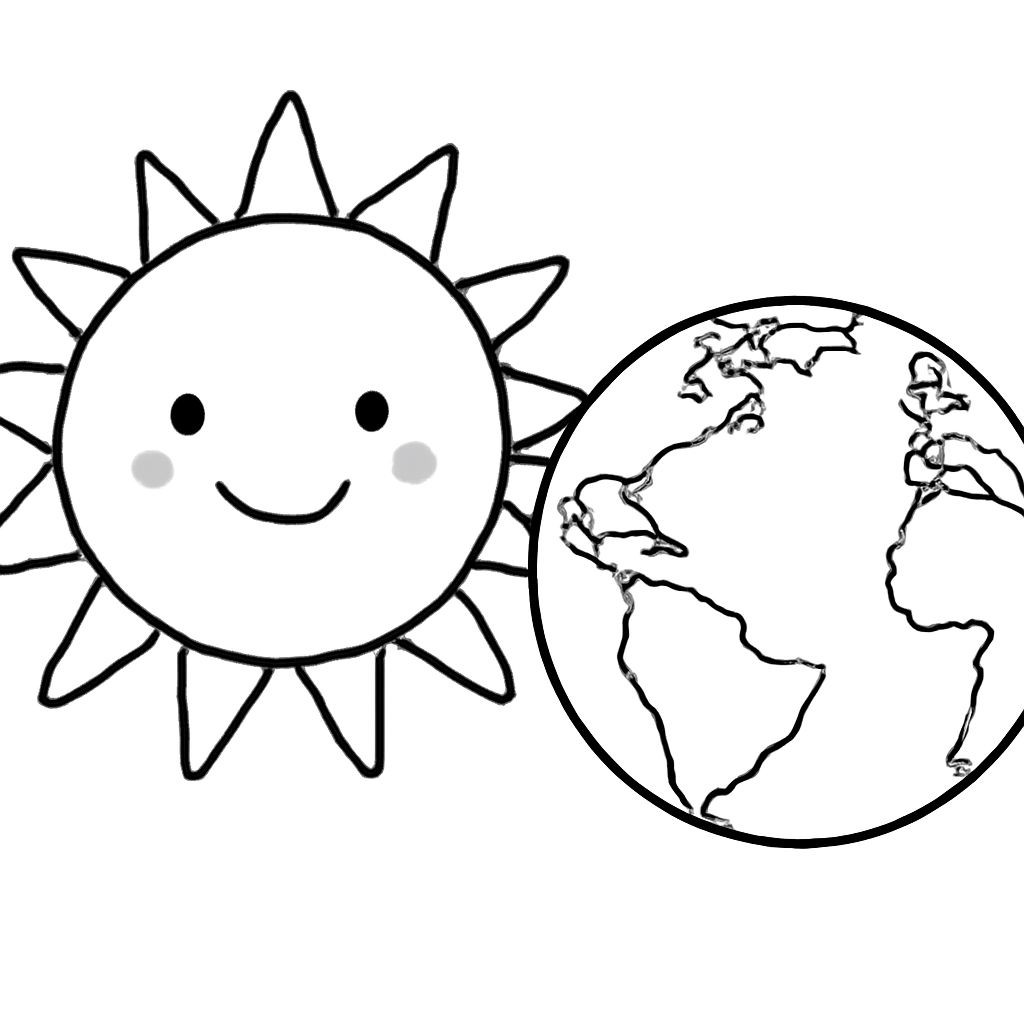 Black-and-white line-art coloring page for kids: a large smiling Sun with rays on the left and planet Earth showing continents on the right, simple bold contours, no shading, suitable for crayons.