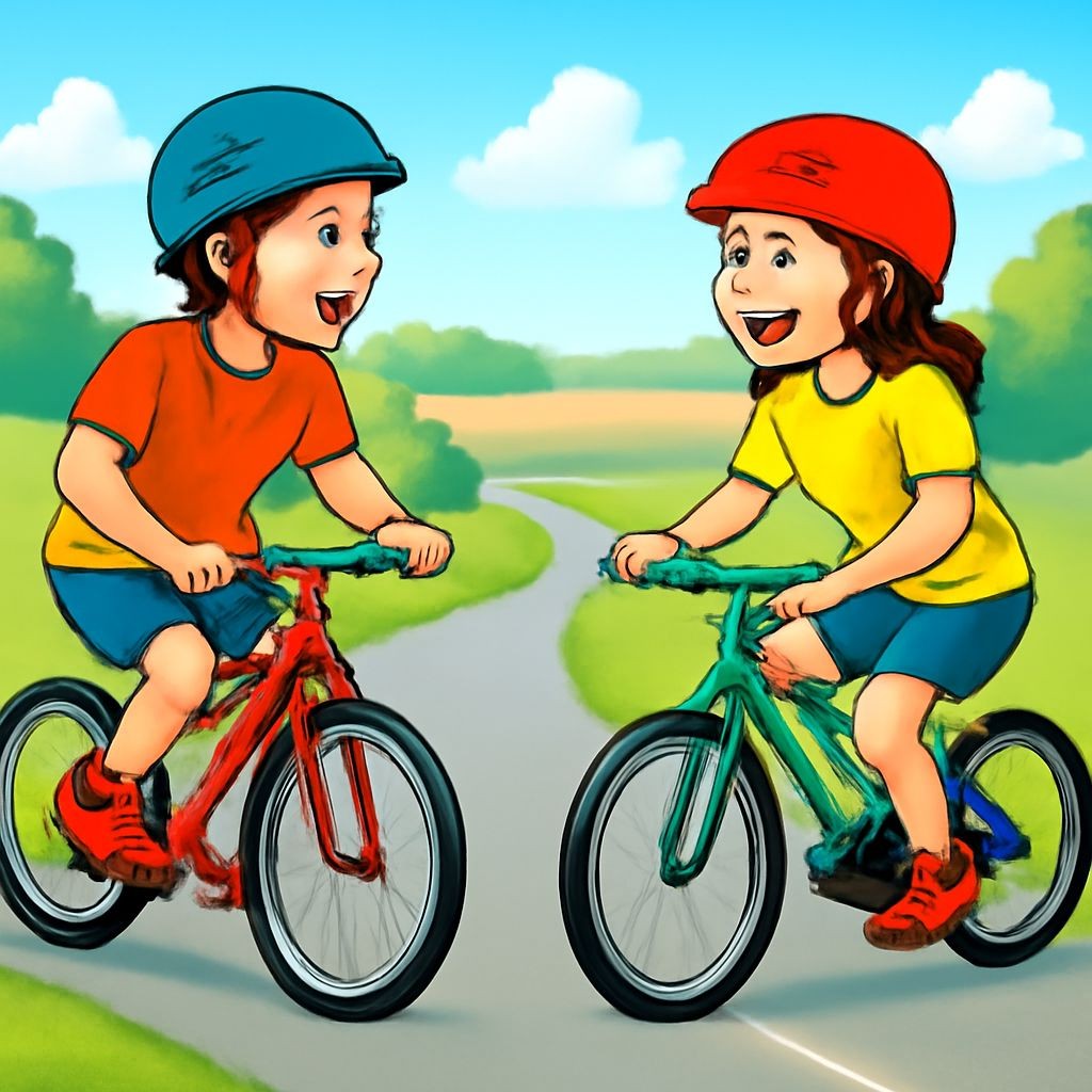 Two cyclists riding towards each other on a scenic country road, summer day, realistic style, vibrant colors, informative illustration for a math problem.